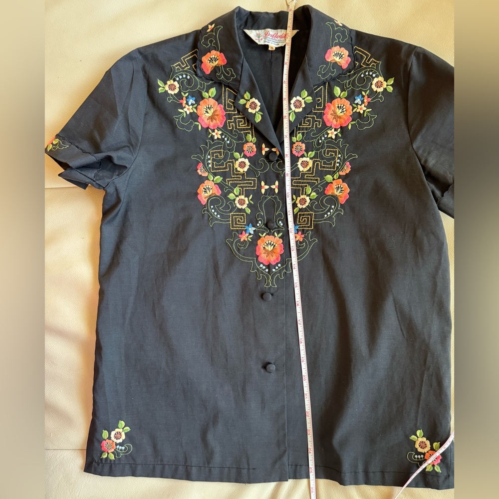 Women’s Vintage Floral Embroidered Black Button- Front Top by Daffodil - Picture 11 of 12